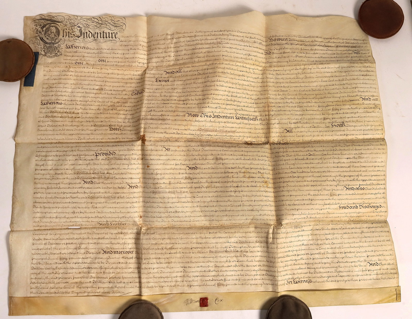 English Leases, 2, c. 1750's [159935]: 2 large English leases to William Cox, one framed, the other folded parchment. Lease from Lord Craven to William Cox, dated February 28, 1754. Craven's signature is sealed with his signet. A true inde