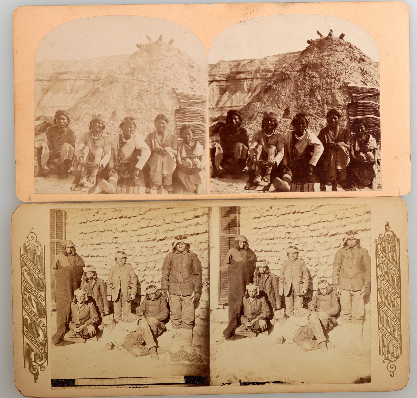 Stereoviews of Arizona and New Mexico Indians by Continent Stereoscopic and Hillers [168256]: This lot has a stereoview of seven Indian men "395 Apache Indians of New Mexico" (posed group of 7 males) by "Continent Stereoscopic Co. Publishers/ 395 Apache Indians of New Mexico" at the bottom bor