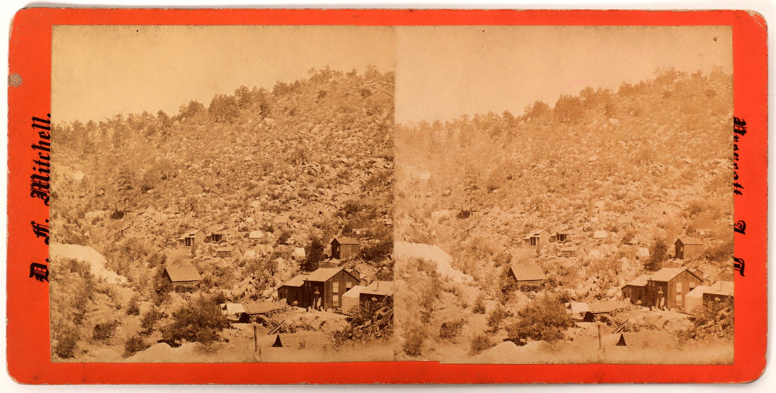 Stereoview-Unknown Mine in Prescott, Az. by D. F. Mitchell c. 1880's [168251]: This stereoview is by photographer Daniel F. Michell orange mount on front, pink on the back. Marked on the front in gothic print "D.F. Michell/ Prescott, AZ" partially covered. No other markings on t