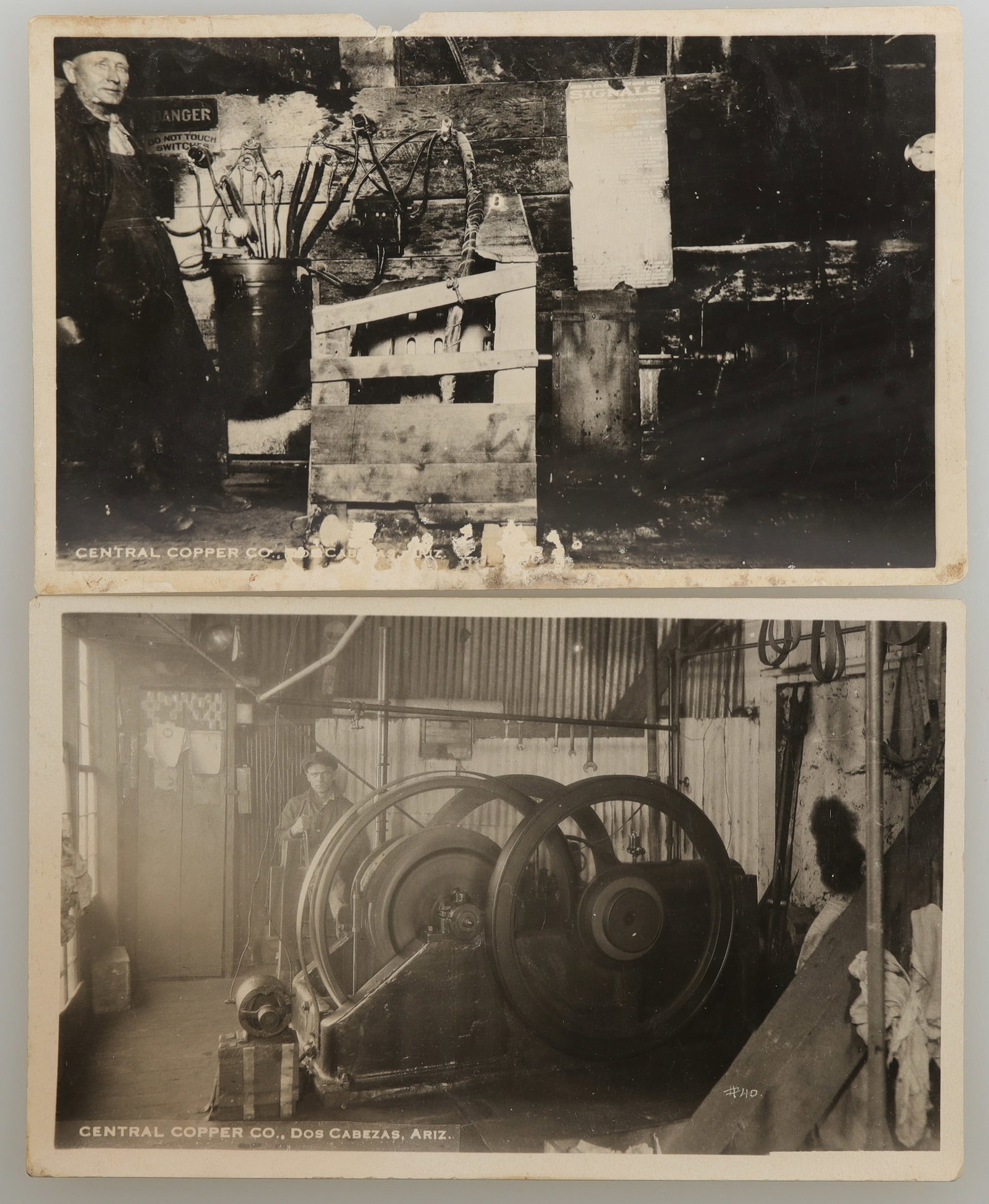 Arizona RPCs of the Central Copper Company [169202]: This lot has two real post cards of the Central Copper Co. mining operation in Dos Cabezas, Arizona. One card shows spinning hardware, in excellent condition. The other card depicts a miner with the s
