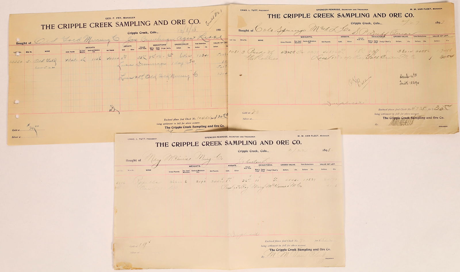 Cripple Creek Sampling and Ore Company Assays [123619]: Lot of three. 1) 1897 results for the Colorado Springs M&L Co., Roy Gold Crater Mining Company. SP Duff was treasurer of the Pride of the Rockies Mining Company. Assayed at $18.60 per ton. The form ha