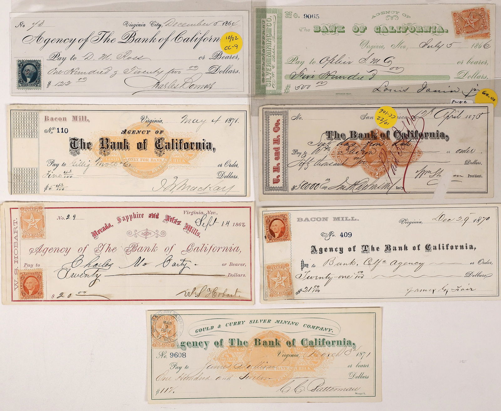 Comstock Checks for Important Figures incl. Sharon, Mackay, Fair, Hobart  [155519] (1 of 1)