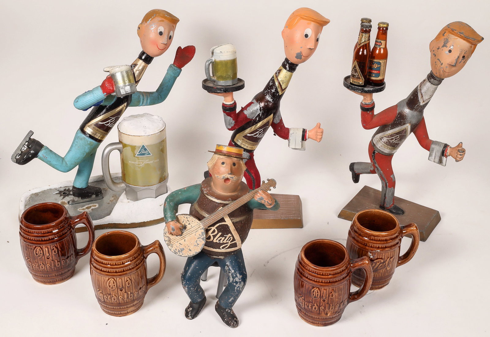 Blatz Beer Advertising Figures, Mini Bottles & Heidelberg Steins [170248]: Four Vintage, All Original, Cast Metal, BLATZ Beer, Advertising Figurines/Statues plus Four Vintage Heidelberg Beer Barrel Steins and 3 miniature Blatz Beer bottles. 1-2) Waiter figures w/ trays, one 