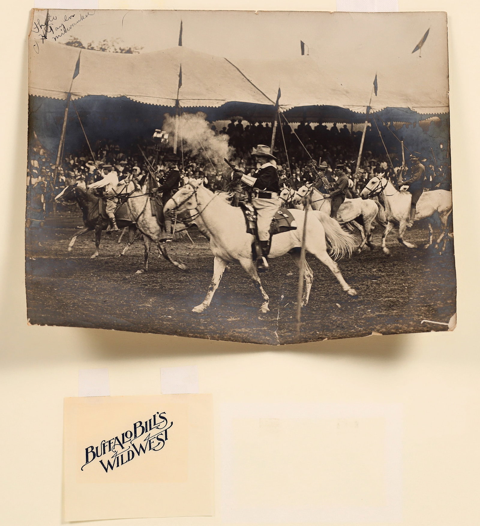 Buffalo Bill Original Black and White Photograph by JH Taylor [167502]: Original Black and White Photograph by JH Taylor Staff Photographer, Milwaukee . Buffalo Bill on his White Horse during his wild west show. 8 x 10" and original print not a repro. With wear along edge
