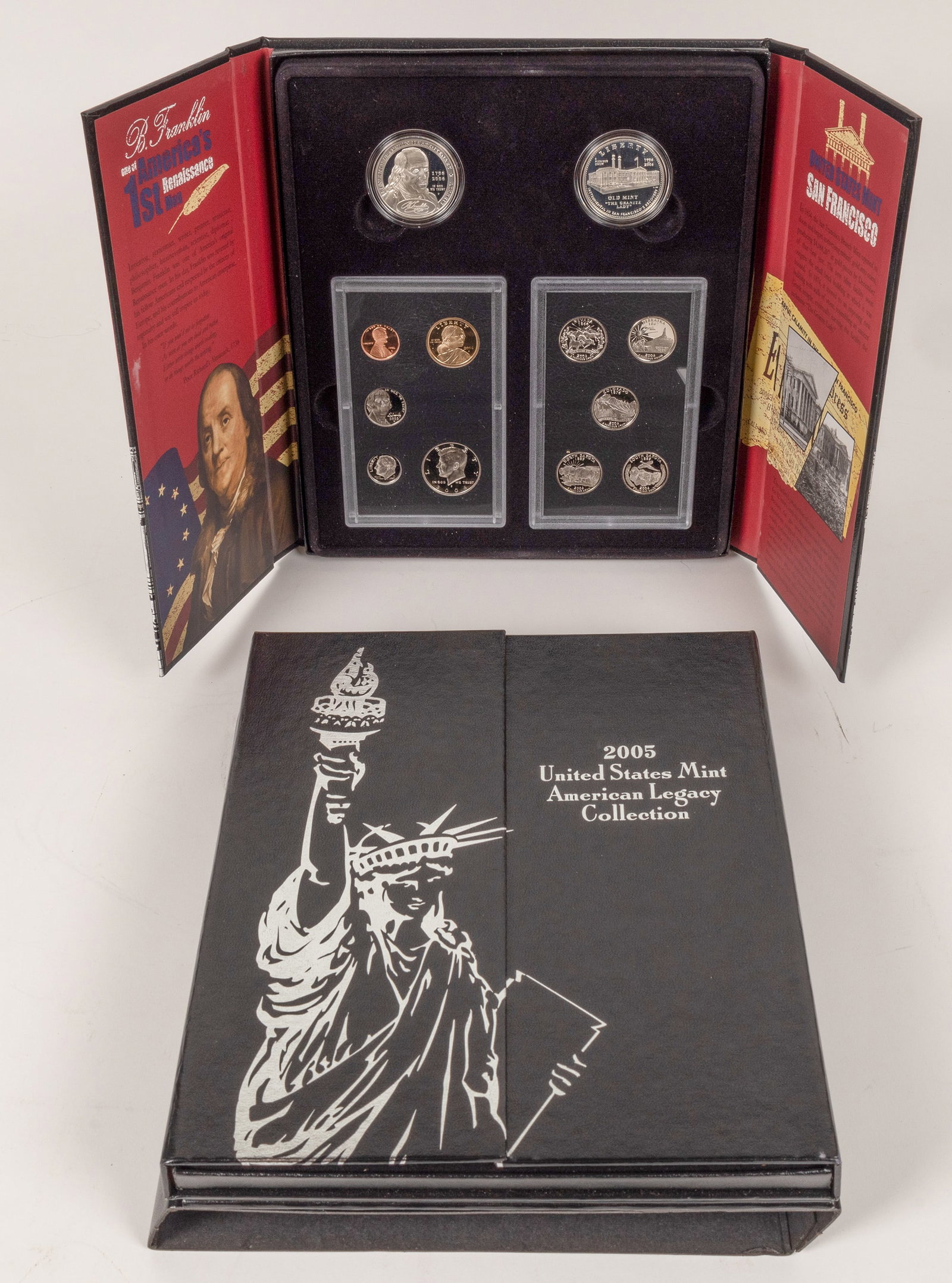 U. S. Mint American Legacy Collections [169877]: Lot of two United States Mint American Legacy Collection, 2005 & 2006. 2005 features Chief John Marshall Silver Dollar & the Marine Corps 230th Anniversary Silver dollar, along with the five state qua