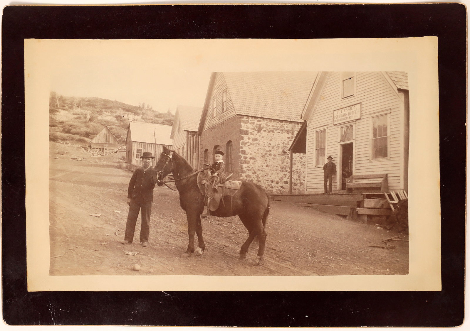 Port Wine Horse & Family Street Photo [169800]: Original 5.75x8.75" photo of Felix Cassidy and horse with Henry Masson on top. This photo is on page 217 in Garvis book. This is Main St. in Port Wine c. 1890 prior to hydraulic mining which "piped" a