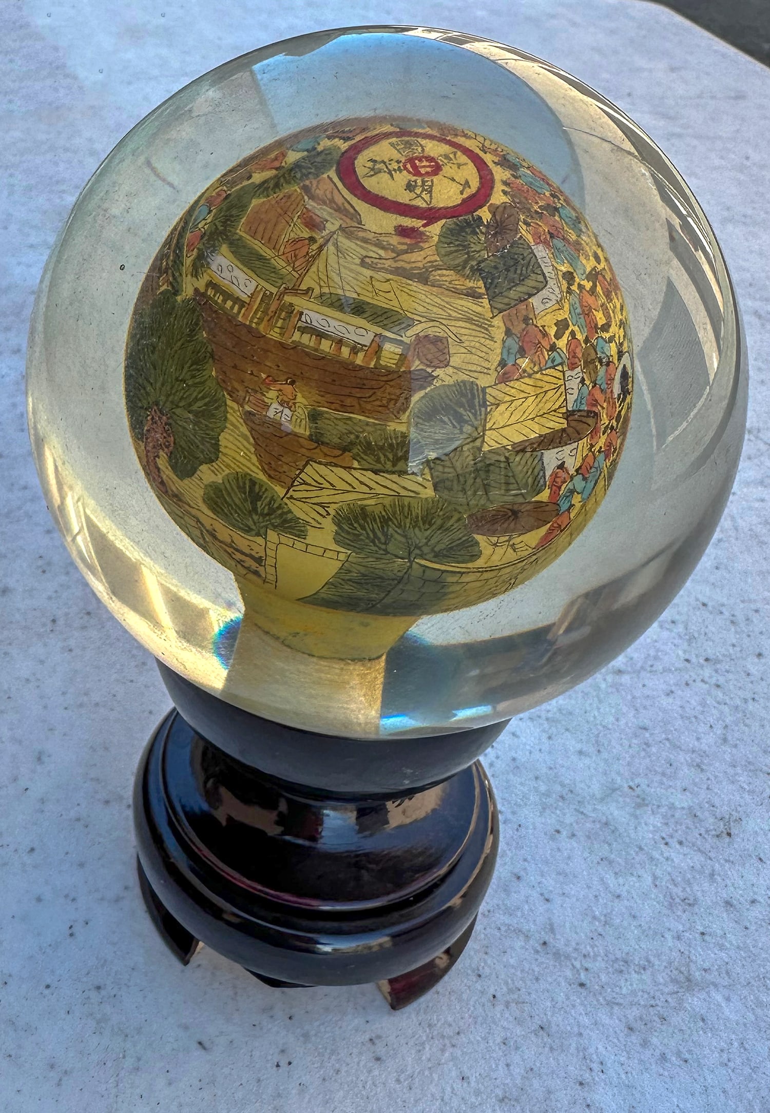 Reverse-Painted Chinese Glass Ball [171970]: This is a thick-walled glass ball with a small hole in the bottom. A Chinese artist has painstakingly painted the INSIDE SURFACE of the ball using special bent brushes to create the detailed artwork.