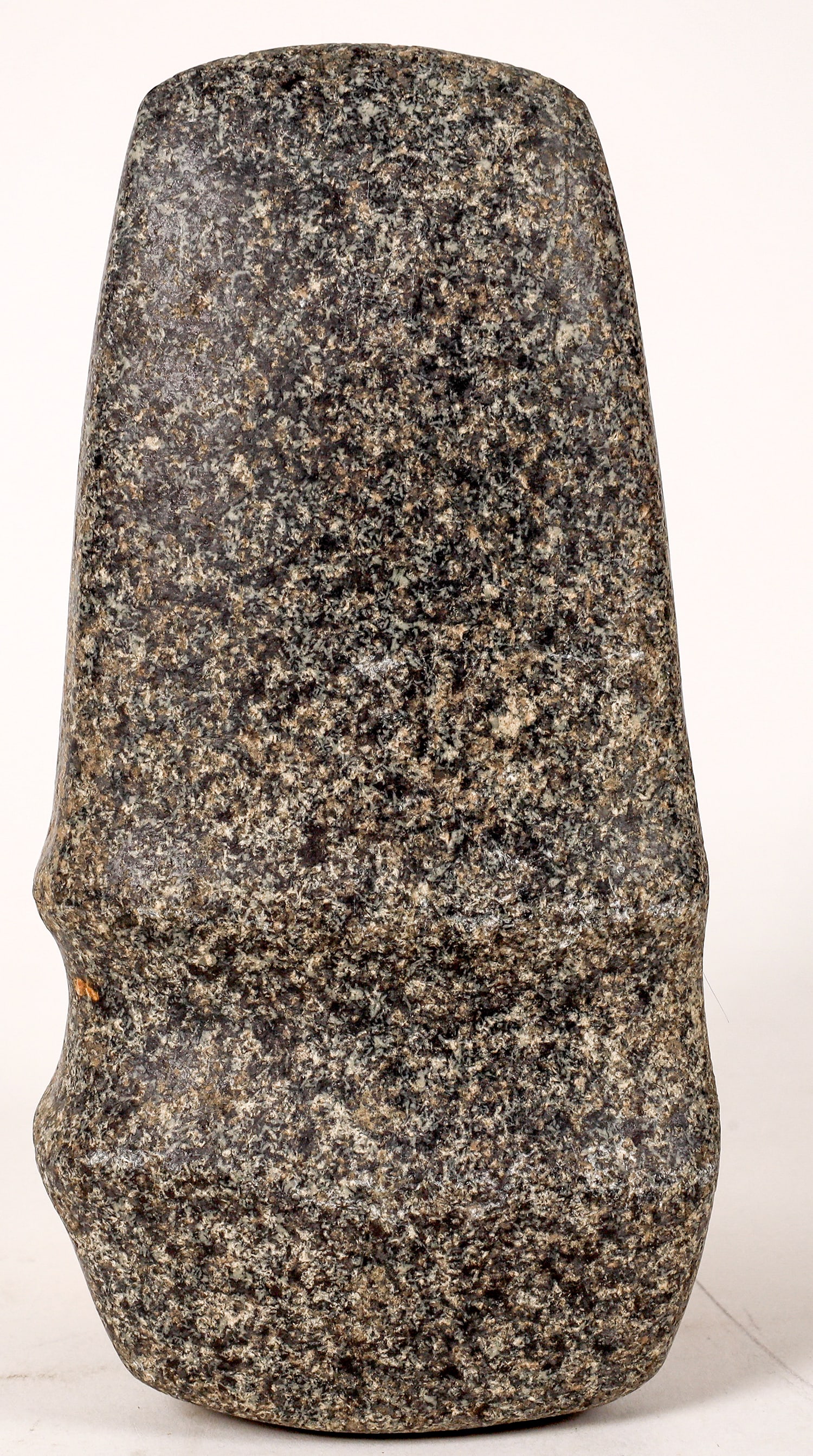 Large Stone Groove Axe from Missouri [161163]: This rather large stone axe is grooved 3/4 with a flat back. It is 8 in./ 203 mm and weighs 4 lbs 6oz. A near perfect specimen from Clark County, Missouri; in granite. From the Bracken collection. Ple