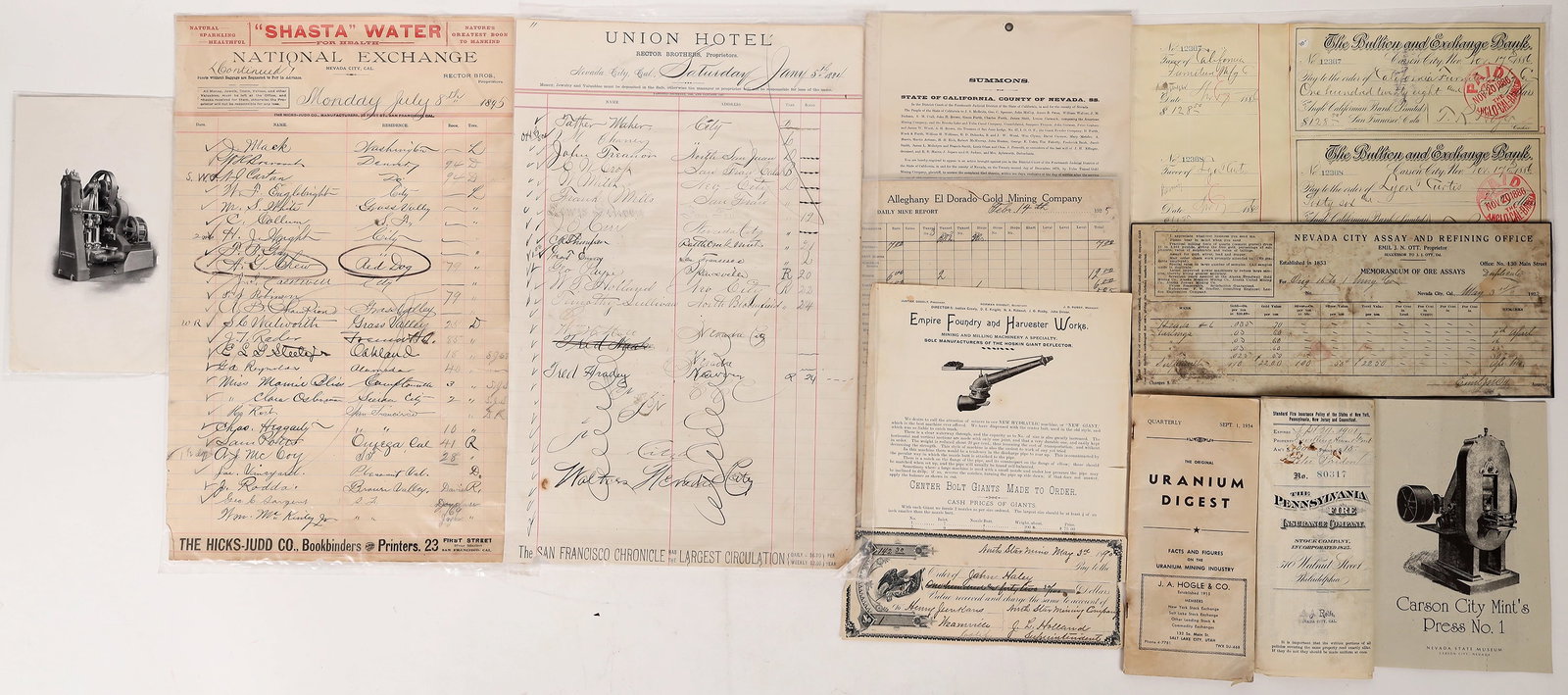 Assorted Nevada City Ephemera (21) 1800s [172037]: Nevada City ephemera includes guest register pages from both The Union and National Exchange Hotels, a memorandum of ore assays from the Nevada City Assay & Refining Office as well as items from nearb
