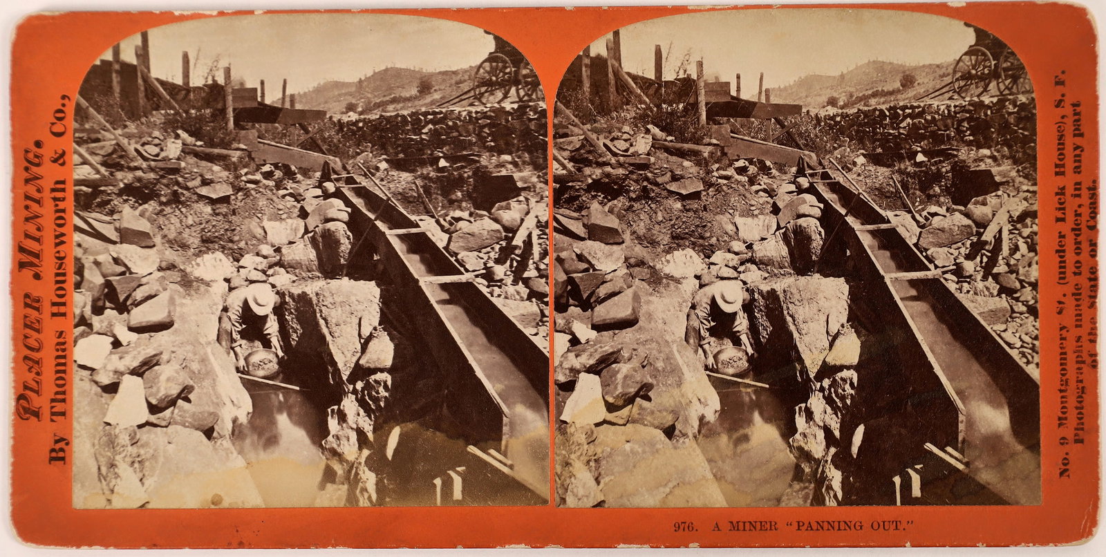 Houseworth Stereoview of a Classic Multi-Stage Long Tom c1868-1870 [123692]: The long tom is a small sluice that uses less water than a regular sluice. It consists of a sloping trough 12 feet long, 15 to 20 inches wide at the upper end, flaring to 24 to 30 inches at the lower