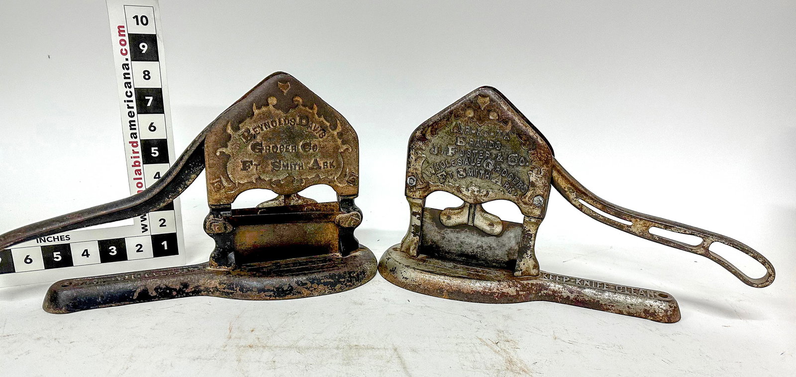 Embosed Tobacco Plug Cutters (2) [172548]: 1) Reynolds-Daus Groc. Co. from Smith, Arkansas. 50% on a black paint on base. Pat. Dec. 1. 19142)Ar-Ko-Ma Brands / J. Foster & Co. / Wholesale Groc. / Ft. Smith, Ark / Keep Knife Clean Arkansas Gary 