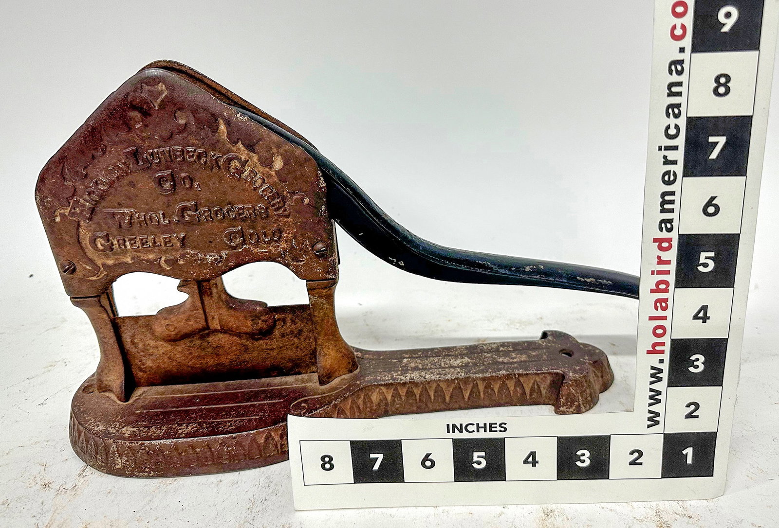 Hickman, Greeley Tobacco Cutter [172553]: Hickman Lunbeck Grocery Co. / Wholesale Grocers / Greeley, Colo. No patent date. Colorado Gary Bracken Collection