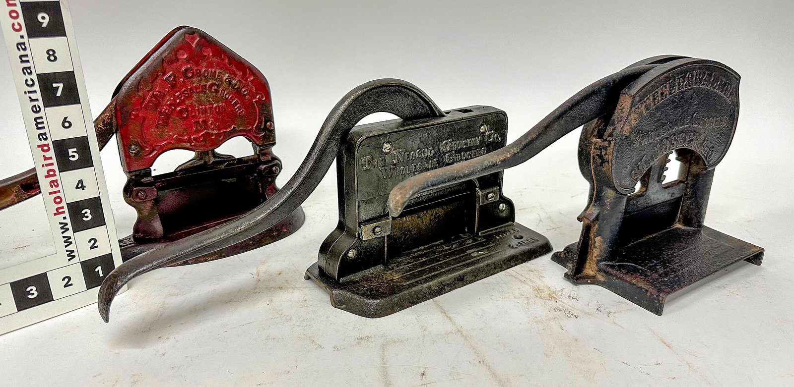 Embossed Cast Iron Plug Tobacco Cutters (3) [172550]: Missouri Embossed Cast Iron Plug Tobacco Cutters. The St. Joseph and Neosho cutters are not made in the same style as the 1914 varieties and are possibly pre-1900 cutters. 1) Steele & Walker / Wholesa