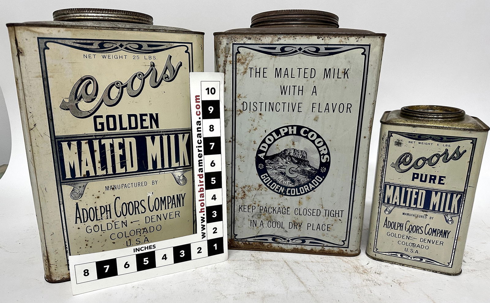 Adolph Coors Collection (12) c 1920-30 [172556]: Lot of 12 Items. This Adolph Coors Collection consists of 4 wood boxes, 3 Malted Milk containers, 3 Tins, 1 Game and 1 Paper Bag. 1) Coors Pure Malted Milk wood box, small size 14.5 x 11 x 6" 2) Coors