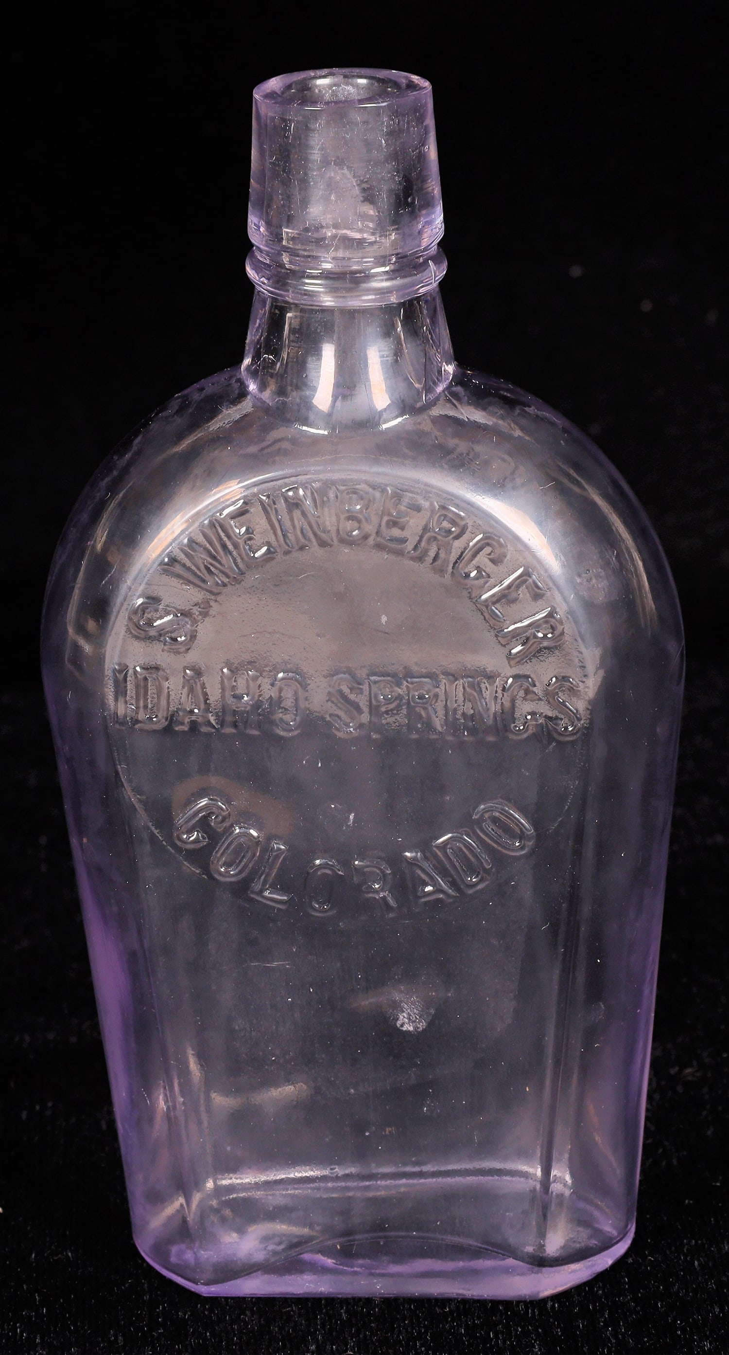 S. Weinberger Shoo Fly Flask [173907]: Founded 163 years ago in 1859 by prospectors during the early days of the Pike's Peak Gold Rush, Idaho Springs was at the center of the region's mining district throughout the late nineteenth century.