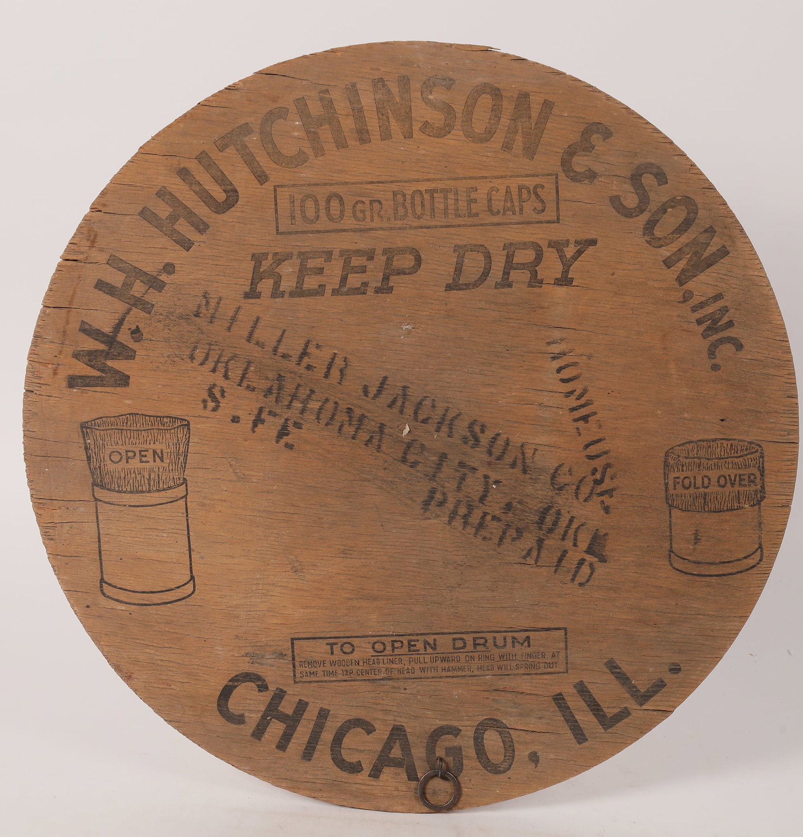 Hutchinson & Son Barrel Top 1800s [173640]: Barrel top from W.H. Hutchinson &Son Inc. It lists the contents as a gross of bottle caps. Hutchinson and Son were bottle manufacturers and are the namesake of the "Hutch" bottle, invented in 1879. Th
