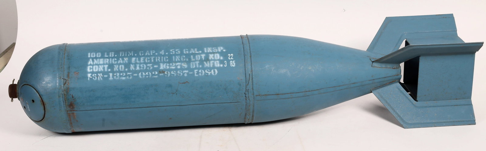 U.S. Navy Training Bomb MK-15 Model 4 (Inert) [161082]: This inert training bomb was used by the U.S. Navy with a manufacture date of 3-65 (March of 1965) an MK-15 model 4 for water and sand fill. In original azure blue color stenciled with the US Navy par