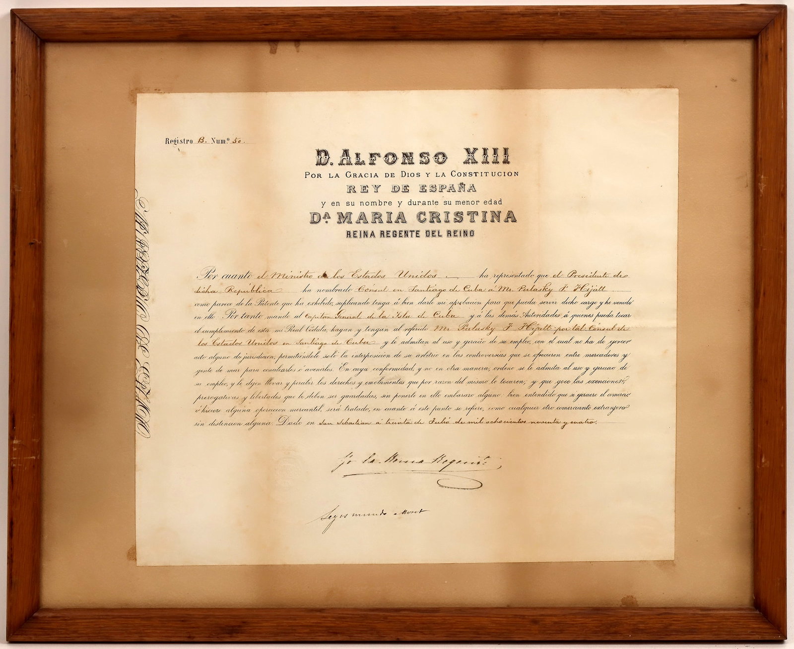 Autographed Cuban Document for Pulaski Hyatt Appointment 1894 [158219]: Spanish document from Dona Marie Christina, Queen Regent during the minority of D. Alfonso XIII dated July 20, 1894 appointing Mr. Pulasky(sic) Hyatt as US Council to Cuba, and persona grata while aut