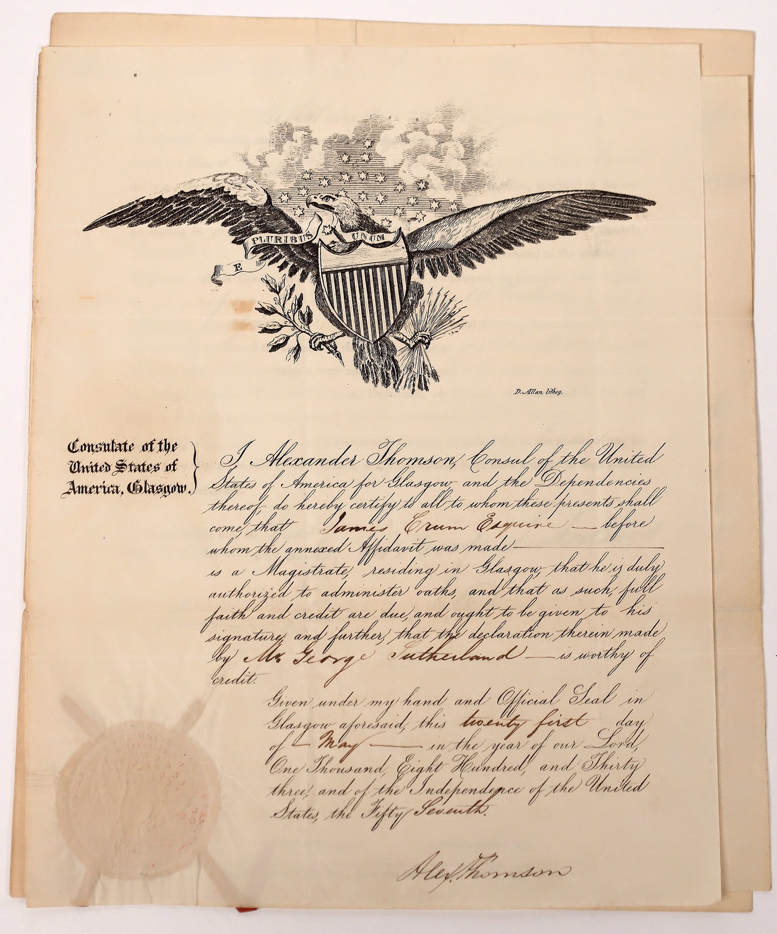 U. S. Consulate Glasgow Correspondence 1833 [163478]: Alexander Thomson, Consul of the United States of America for Glasgow and the Dependencies thereof, is certifying James Crum, Esquire and ordering goods from George Humphreys in Philadelphia. Dated 18
