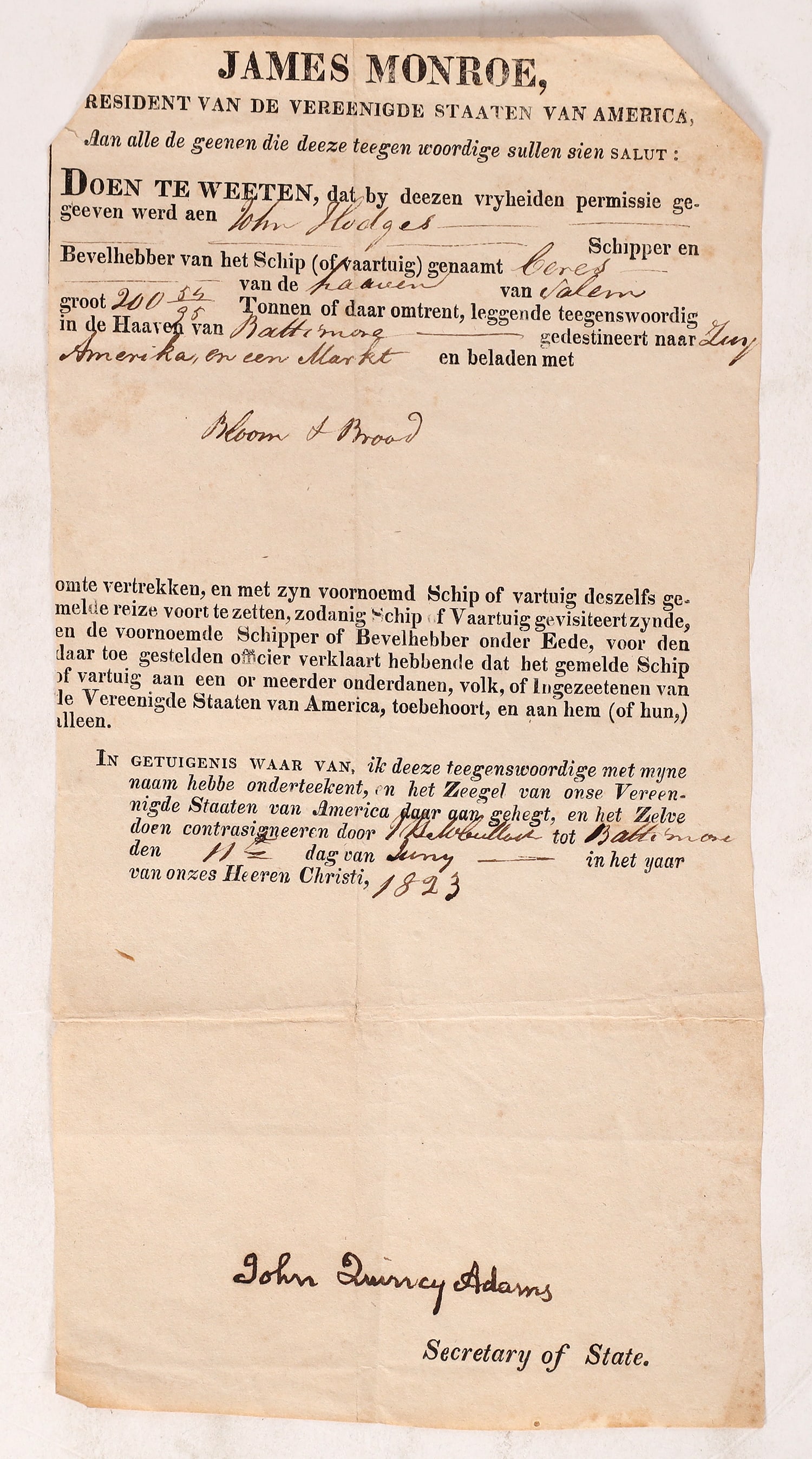 Early Passport Signed By John Quincy Adams 1823 [172979]: This is an early version of a passport, signed by then Secretary of State and future President John Quincy Adams, allowing the bearers to sail his ship through particular foreign waters. In this case 