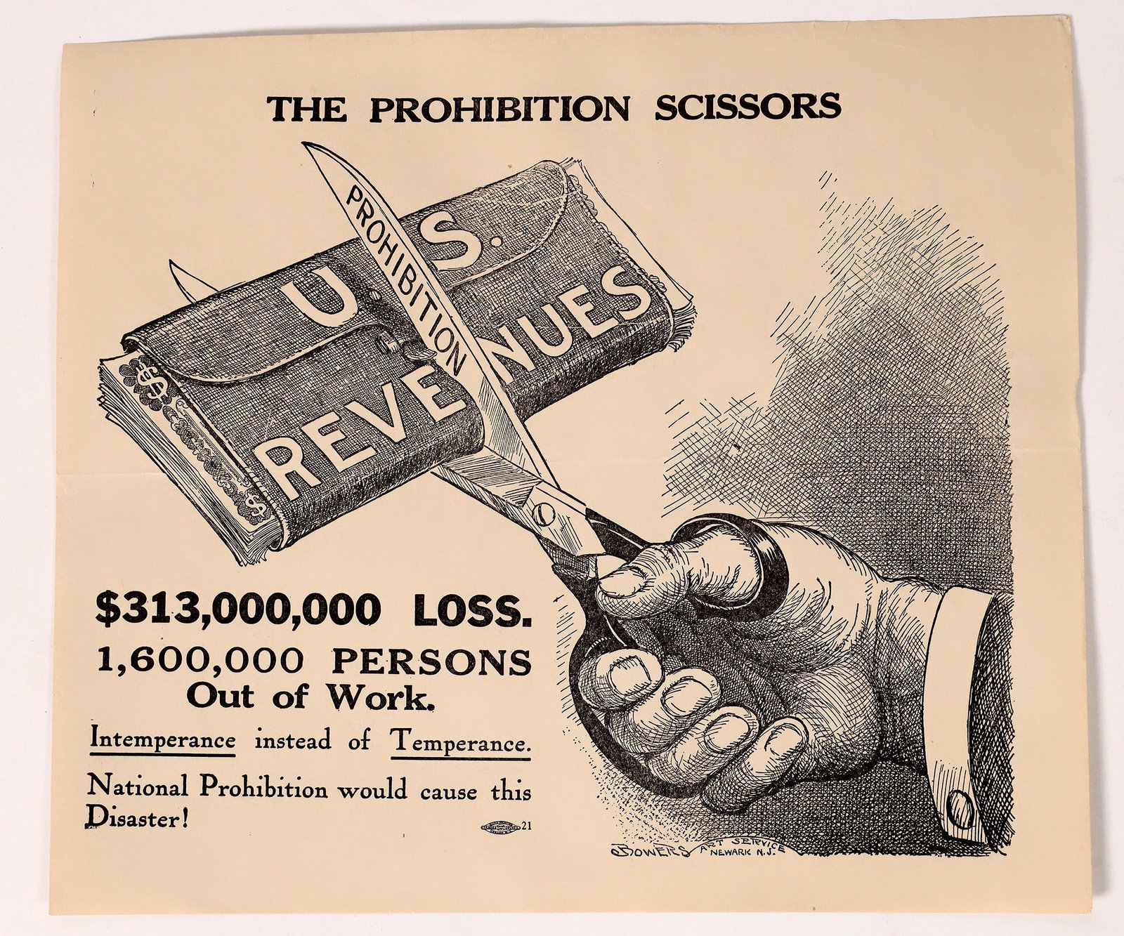 Anti Prohibition Broadside [172780]: Printed by Bowers Art Service of Newark, New Jersey. 8 1/2 x 7 1/2 inches: The Prohibition Scissors. Prohibition scissors cutting into U. S. Revenues; $313,000,000 loss. 1, 600,000 persons out of work