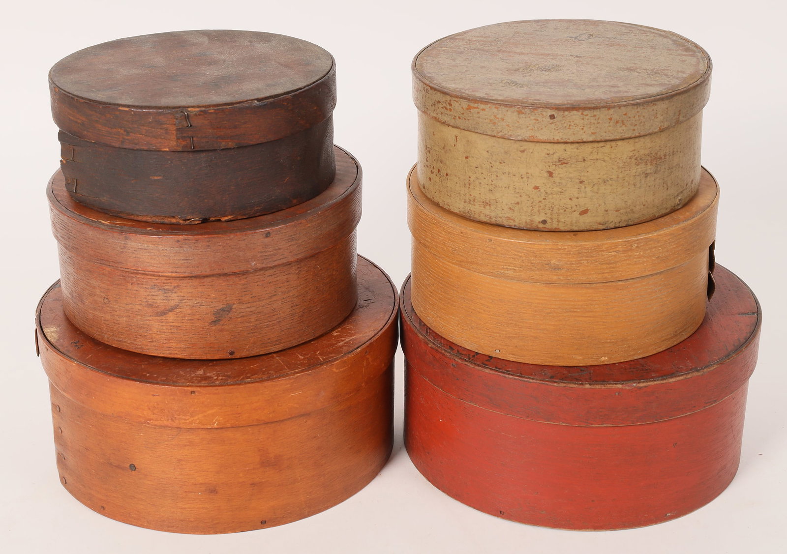 Nested Pair of Wood Rounds For Food [172895]: 2 nested wood rounds, used for food storage or dry goods, unmarked. Each 3.75x7.75". Gary Bracken Collection