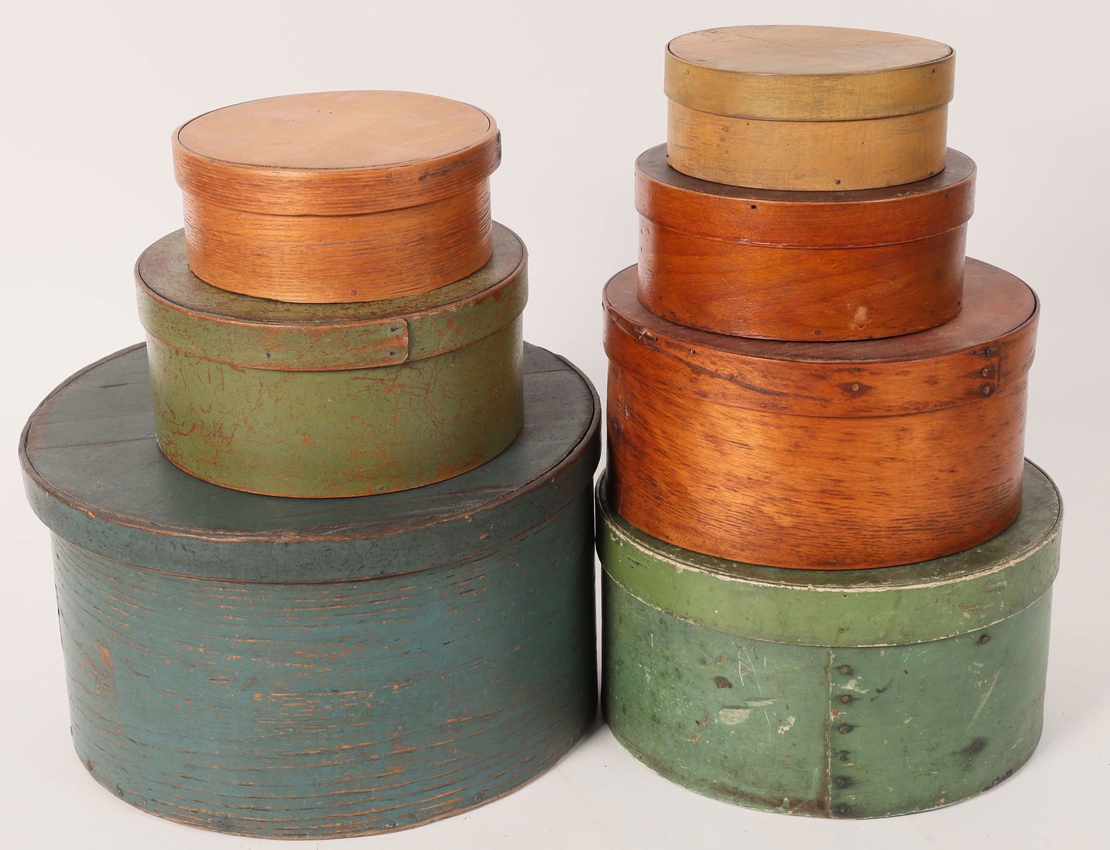 Nested Round Boxes, 7 [173002]: 7 nested round boxes, c. 1880-1910. These would be used for everything from dry goods to food storage. Outer box is 12x6.75". Gary Bracken Collection