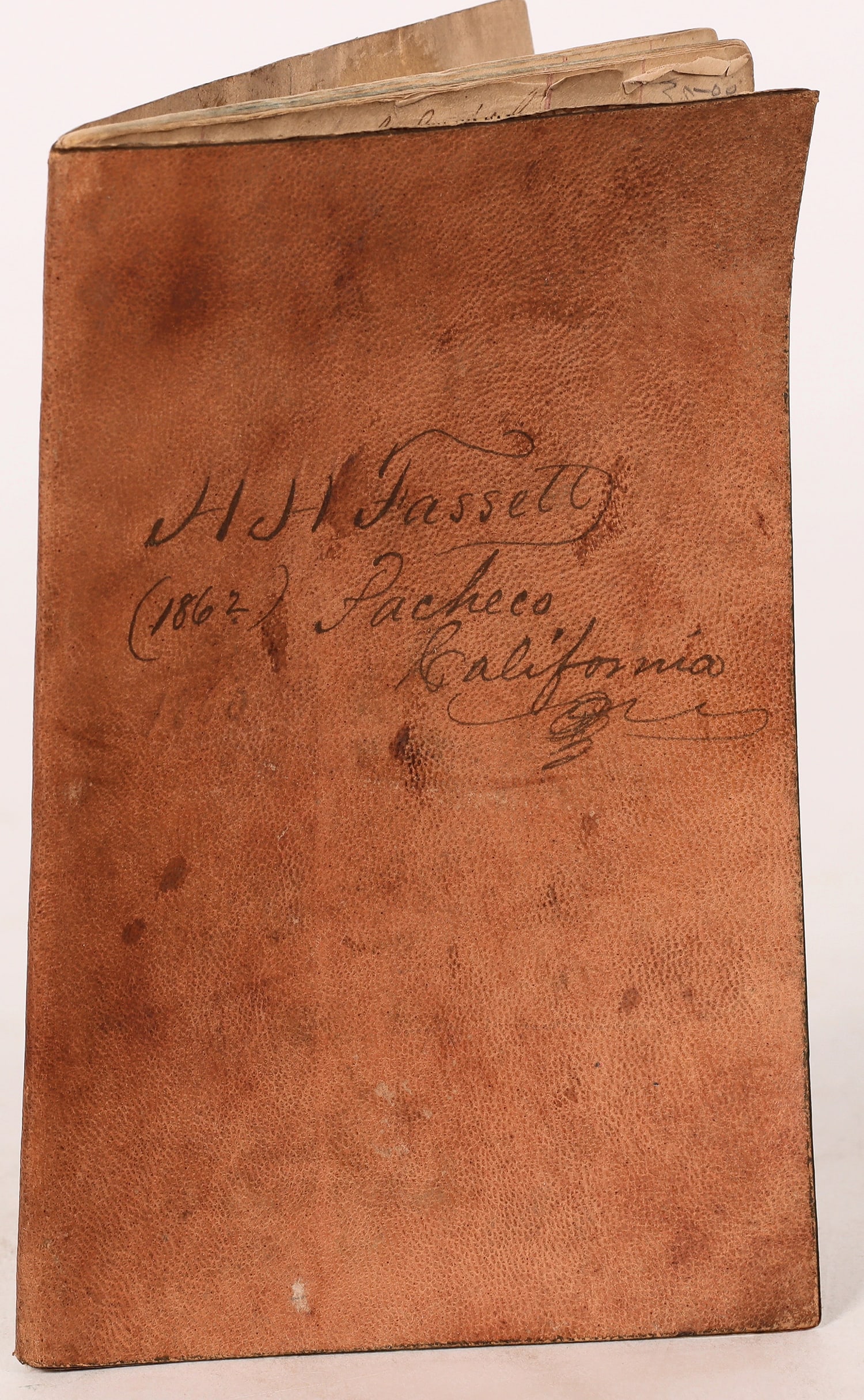 Notebook & Leger For H.H. Fassett 1862 [173146]: Notebook/leger belonging to H.H. Fassett, one of the original founders of the Contra Costa County town of Pacheco. Entries include dollar amounts next to names like Oakland Stage, James Olds, Calvin B