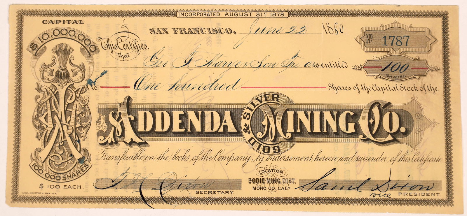 Addenda Silver & Gold Mining Company Stock  1880  [123542] (1 of 1)