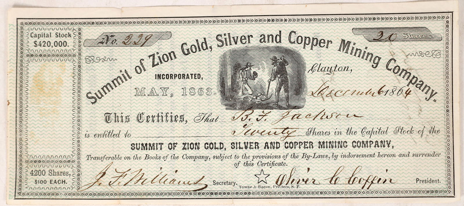 Summit of Zion Mining Company Stock Certificate  1864  [172989] (1 of 1)