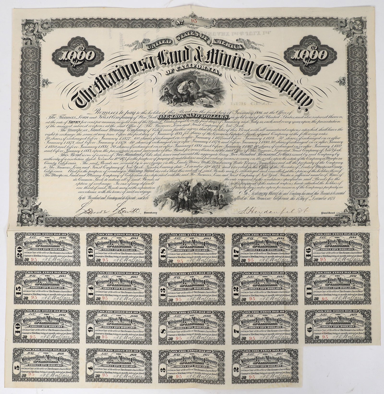 Mariposa Land & Mining Company $1,000 Bond w/ John Marshall Discovery Nugget Vignette 1875 [155355: Extremely rare. $1,000 bond certificate issued in 1875 at San Francisco. No. 95. Signed by S. Heydenfeldt as president and L. Leavitt as secretary. Not cancelled. Top vignette depicts John Marshall at