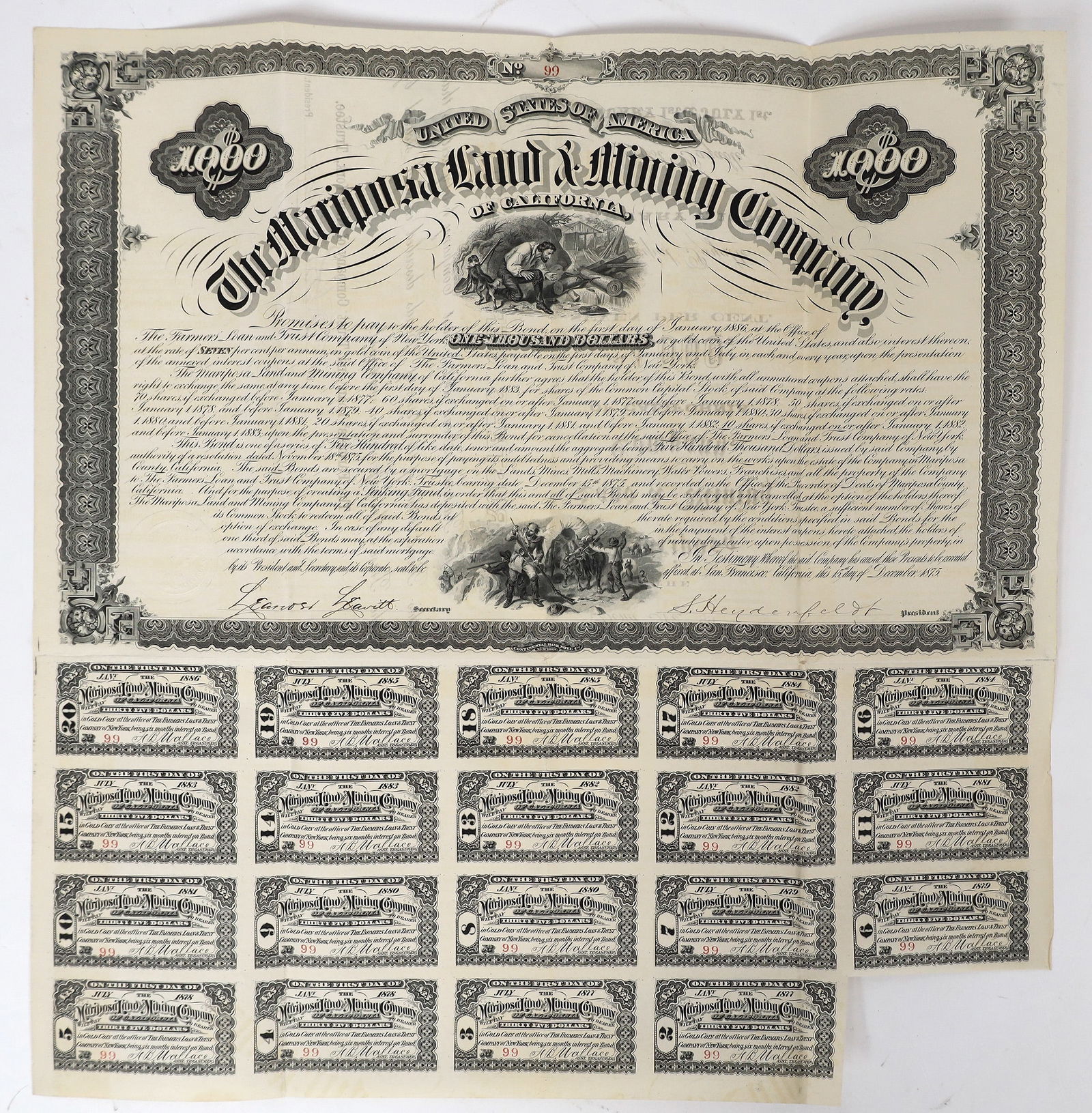 Mariposa Land & Mining Company $1,000 Bond w/ John Marshall Discovery Nugget Vignette 1875 [155356: Extremely rare. $1,000 bond certificate issued in 1875 at San Francisco. No. 99. Signed by S. Heydenfeldt as president and L. Leavitt as secretary. Not cancelled. Top vignette depicts John Marshall at