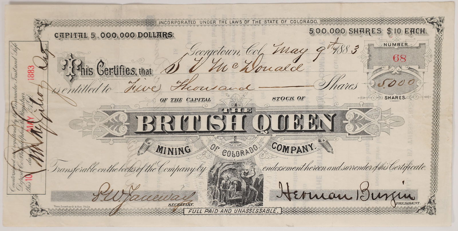 British Queen Mining Stock [173358]: Issued 1883 British Queen Mining stock with underground miner vignette. Signed by Herman Burgin as president. Mine in San Juan county. Georgetown Colorado Herzog Collection