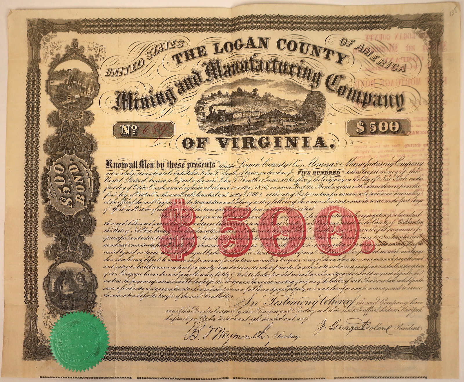 Logan County Mining & Mfg. Company of Virginia 1860 Bond 1860 [128796]: Rare $500 bond 6%, 1860, 15 coupons. Coal train vignette. Signed by president J George Bolen and B M Weymouth as secretary. The lands of this company encompass 101,000 acres near Logan Courthouse on t
