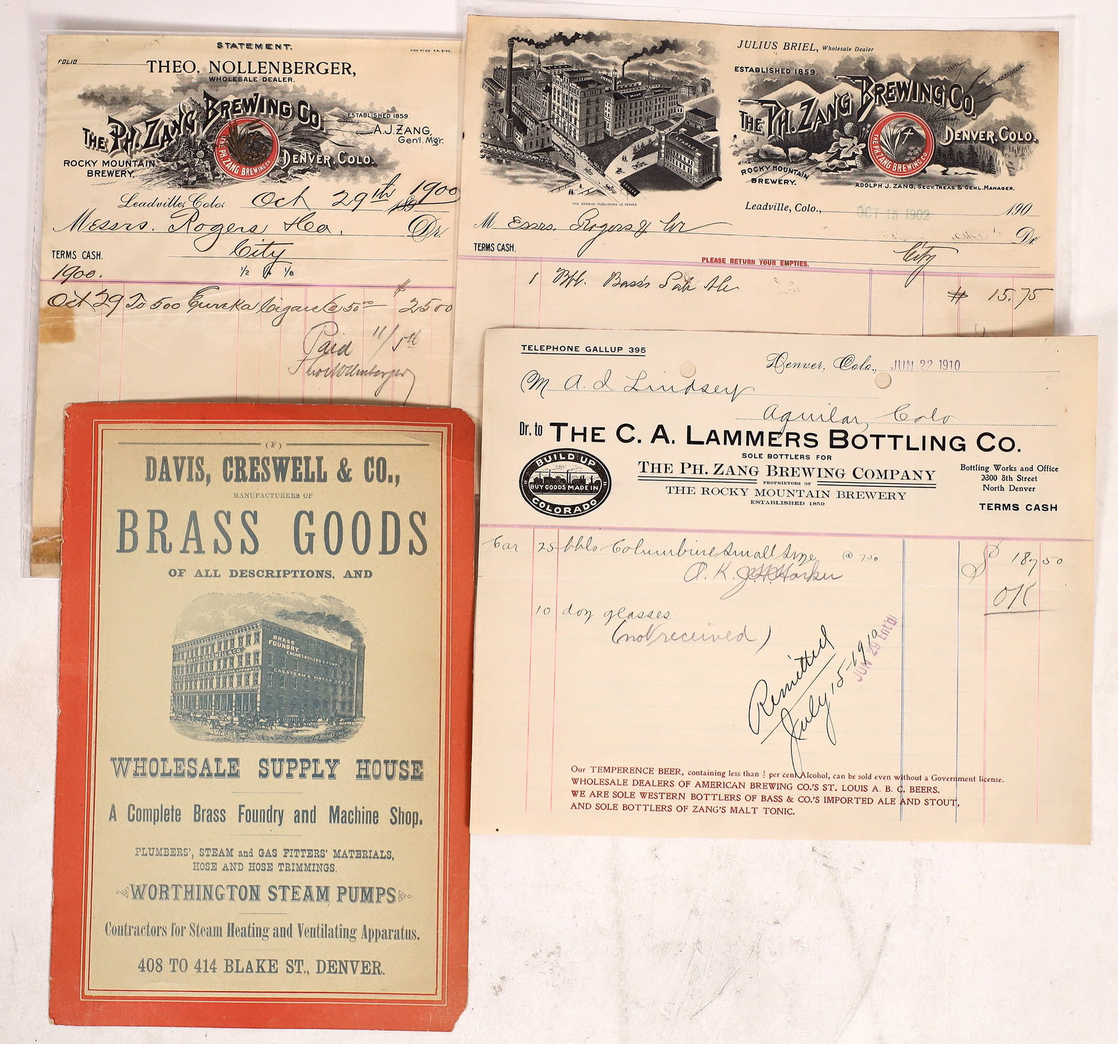 Zang Brewing Ephemera (4) [176237]: 3 billheads and an advertisement related to Zang Brewing 1900-1910. 3 are pictorial. Ron Reed Collection City: Denver, State: Colorado Denver Colorado