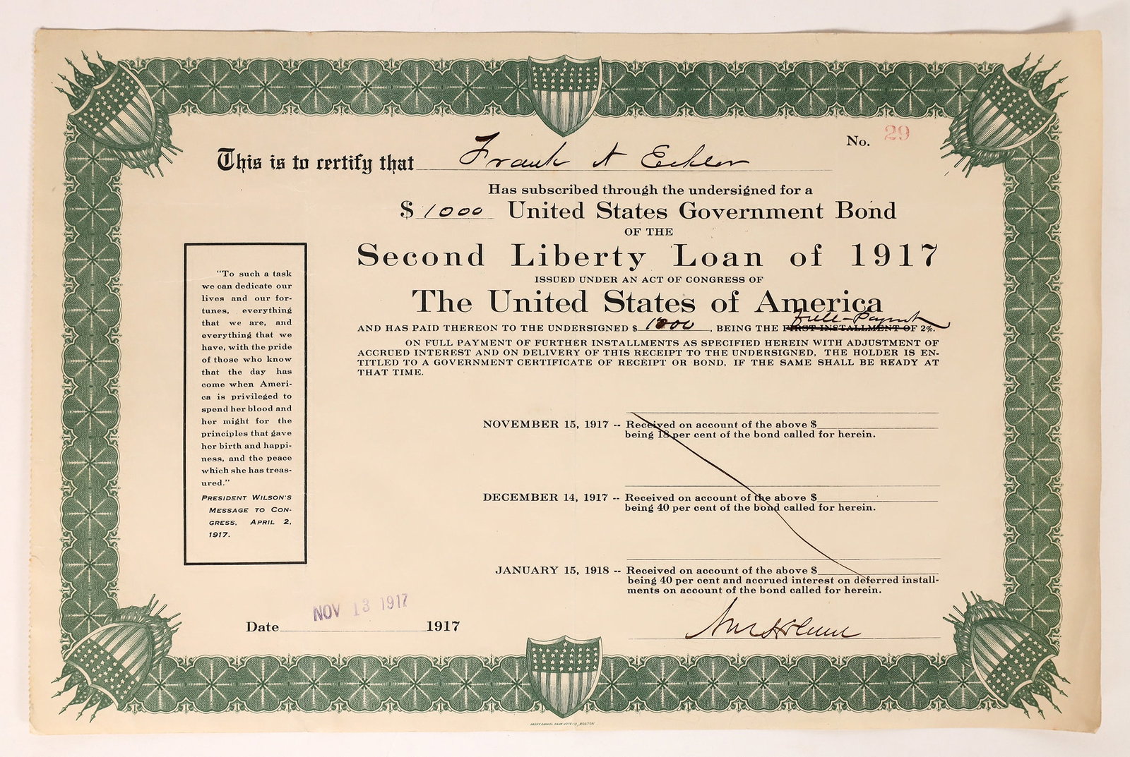 Liberty Loan Certificate, 1917 [174764]: 1917 Liberty Loan certificate for $1000. Provenance: Ken Prag Collection Ken Prag Collection