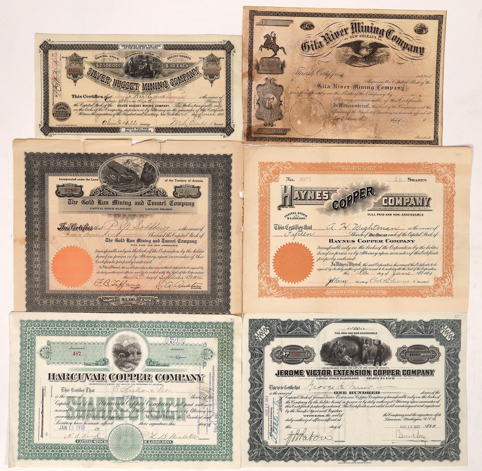 Arizona Mining Stocks and 1 Bond, 6 c.1881-1917   [174640] (1 of 1)