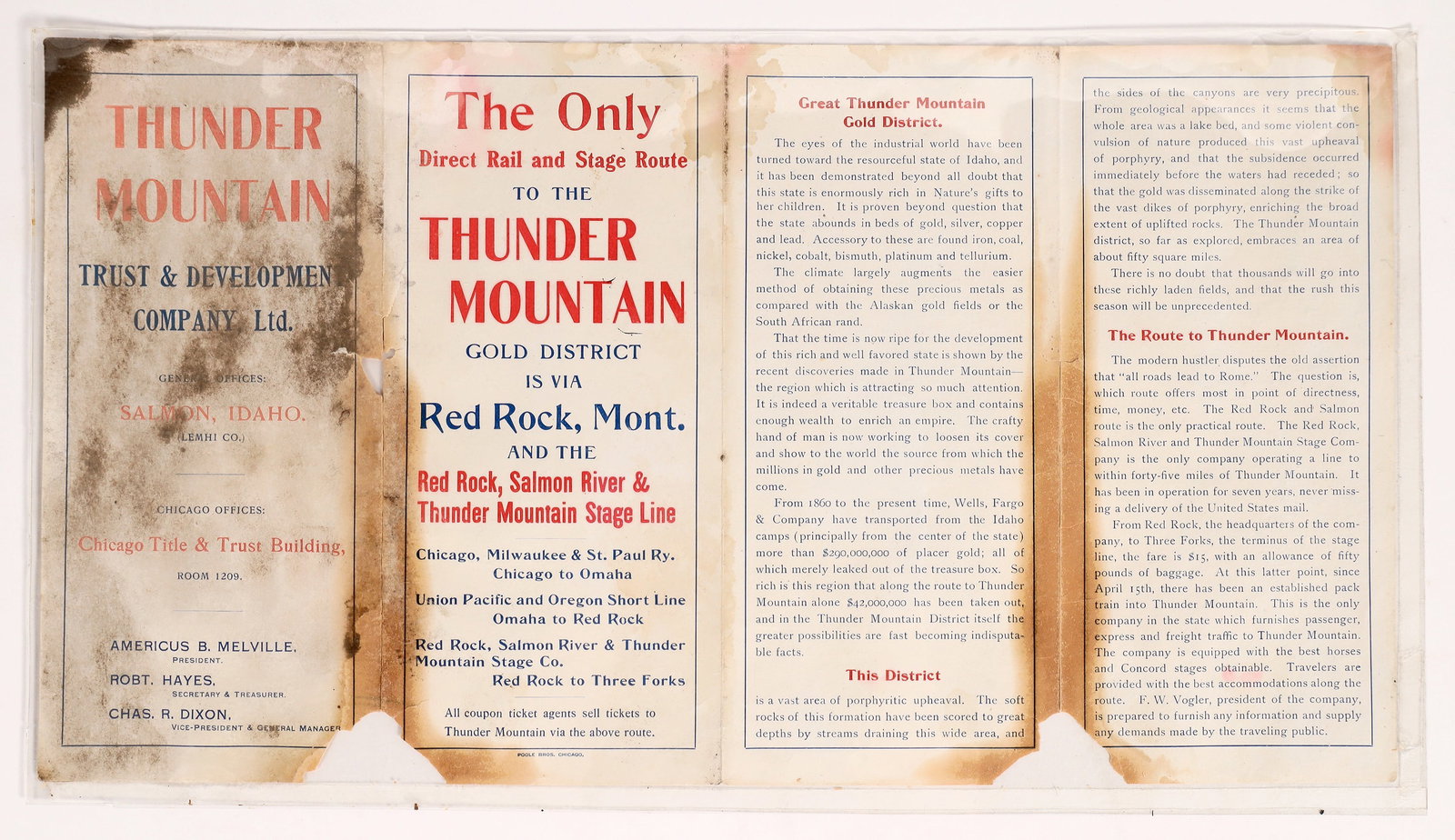 Thunder Mountain Promo Booklet [174994]: 4 panel 8.5x15.5", Thunder Mountain promo booklet with 2 panel map on verso. Mold, stains, chips and fold tear. Please inspect. Thunder Mountian Idaho