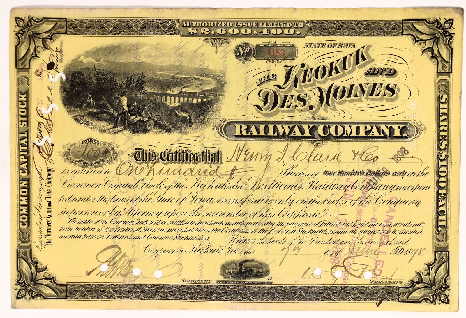 Keokuk & Des. Moines R'y Co. Stock, 1898     [154871] (1 of 1)