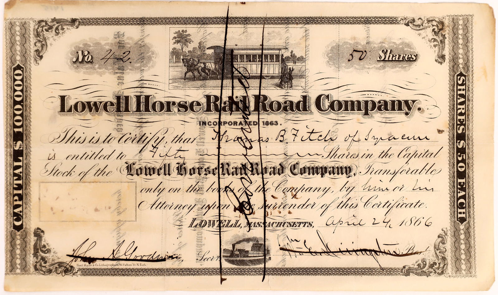 Lowell Horse RR Co., Stock, 1866 [154876]: Lowell Horse Rail Road Co., Stock, Incorp Mass. 1863, 50 shares #42, issued to Thomas B. Fitch in 1866, signed by Wm. E. Diningston as president, John A. Goodwin as Secrty, 9x5", u/c