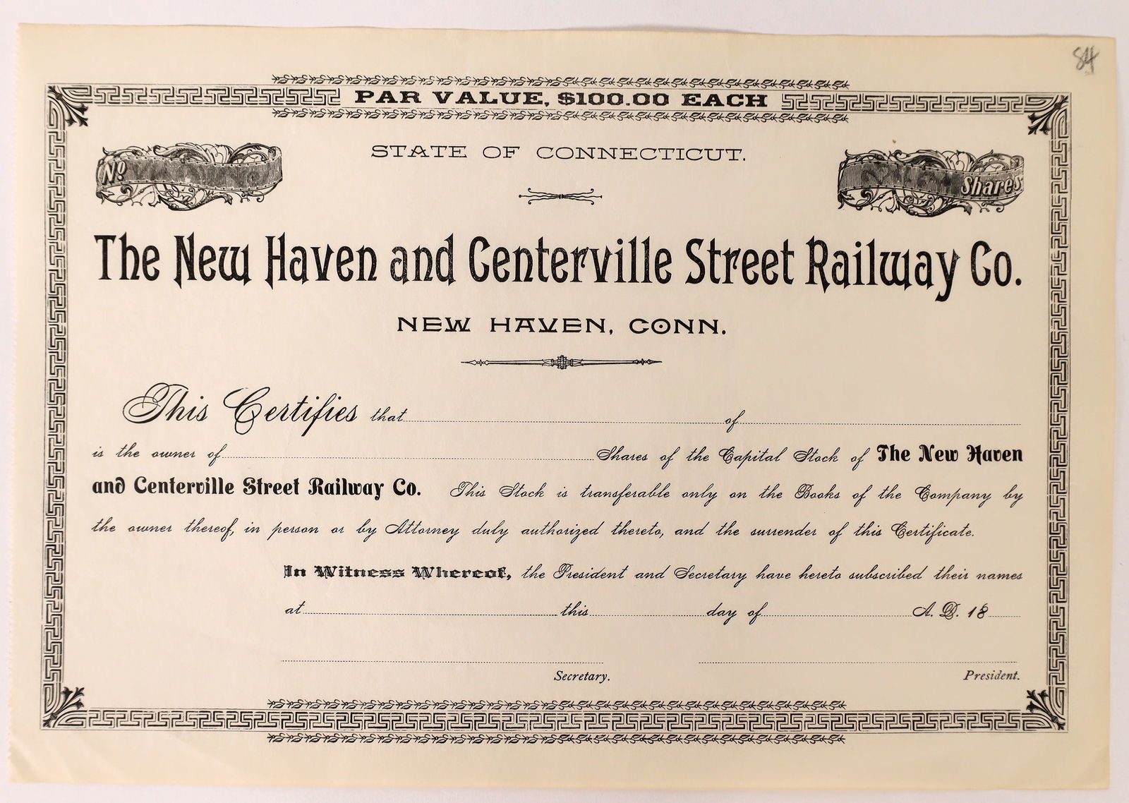 New Haven & Centerville Street R'y Co. Stock 18XX [154041]: New Haven and Centerville Street Railway Co, Stock, incorporated Conn, u/I, u/c, 18XX, unsigned, 10x7", 1 cert