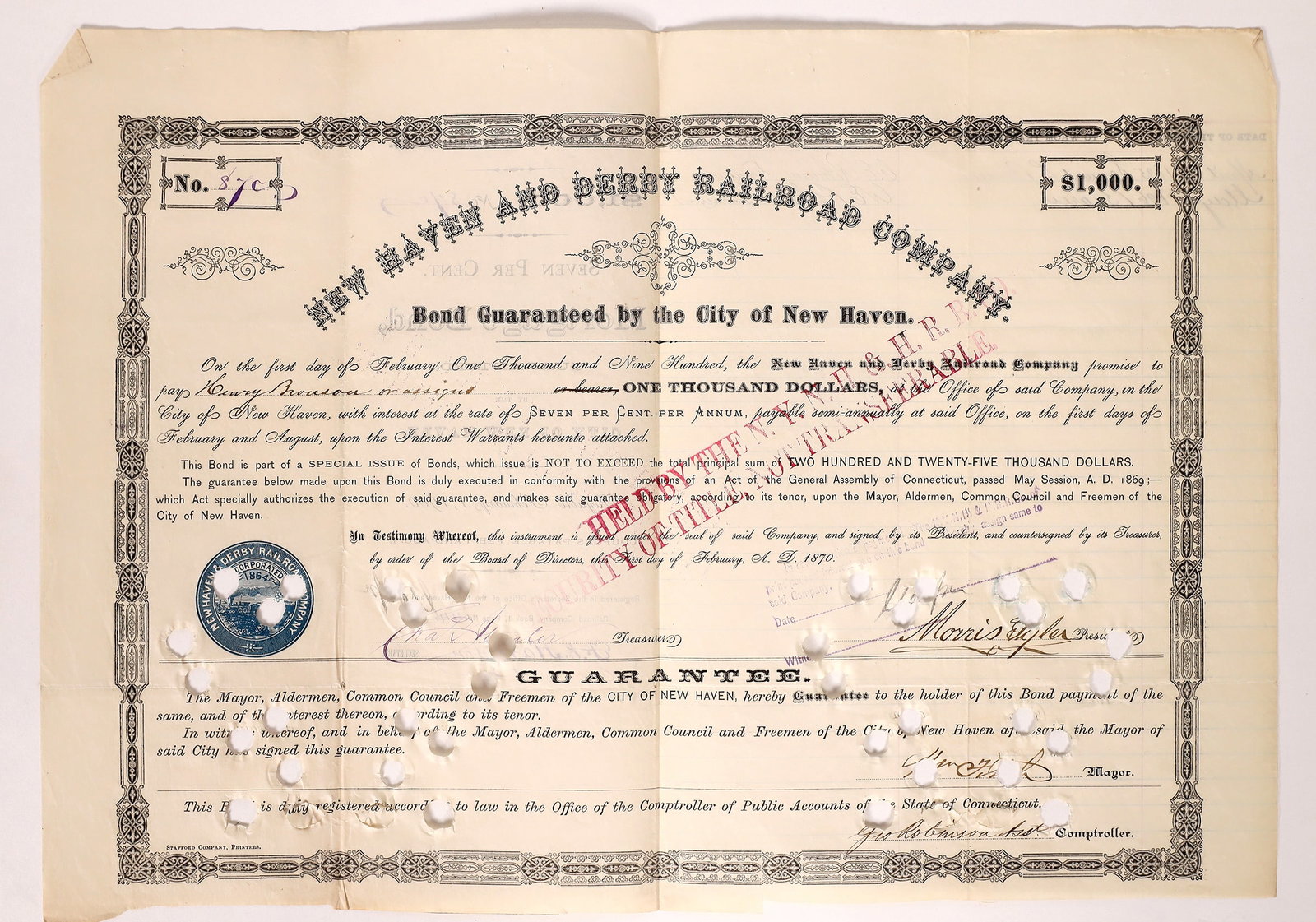 New Haven & Derby RR Co. Bond 1870 [154039]: New Haven and Derby Railroad Co, Special Issue Bond guaranteed by the City of New Haven, $1000, incorporation Conn., No. 87, issued in 1870, signed by New Haven Mayor and Comptroller (illegible) Morri