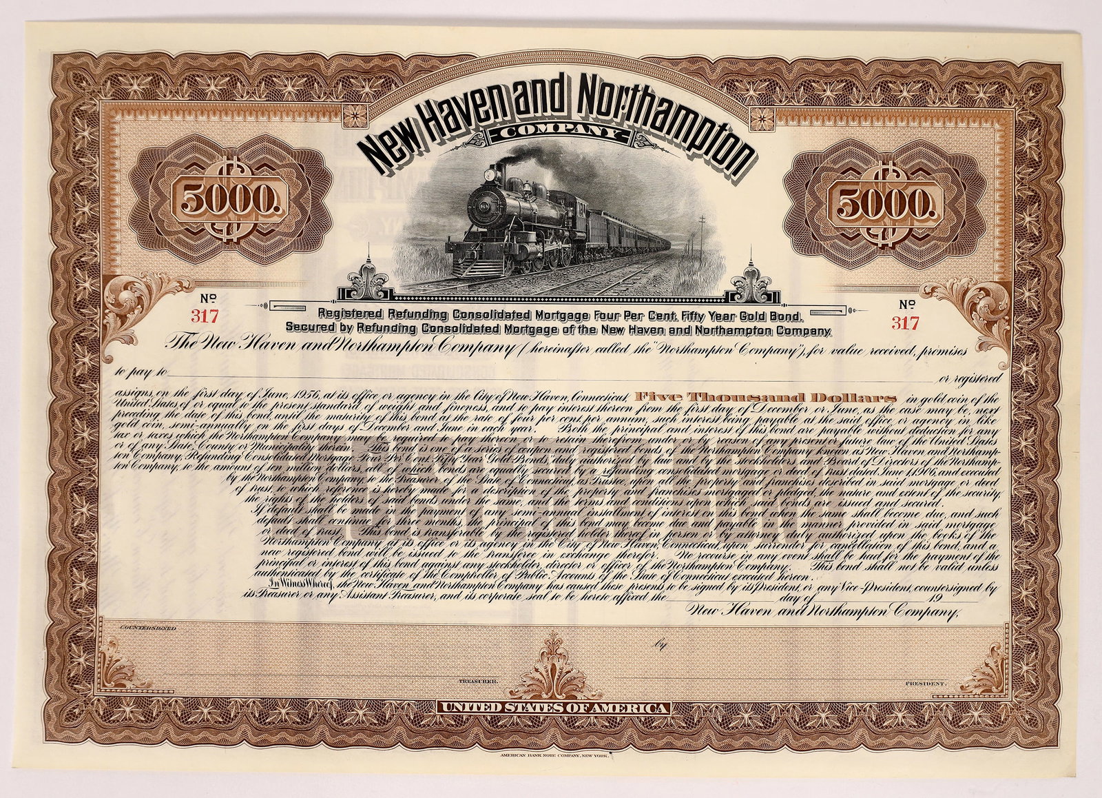 New Haven & Northampton Co. Bond 19XX [154038]: New Haven and Northampton Company, Bond, $5000, consolidated mortgage 50 yr gold bond, No 317 unissued and unsigned, 19XX, 13x9", u/c, 1 cert