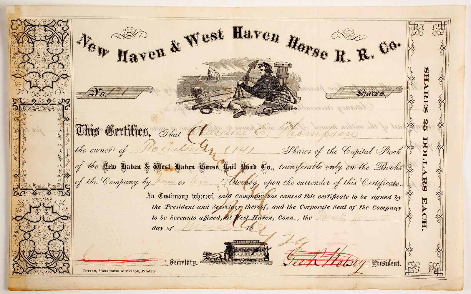New Haven & West Haven Horse RR Stock 1800s [175124]: Incorporated 1805 State of Connecticut. I/C # 131 for 14 shares @ $25 par, issued March 24, 1886, signed Geo. Kelsey president, black, horse drawn street car vignette on bottom, sailor sitting on pier