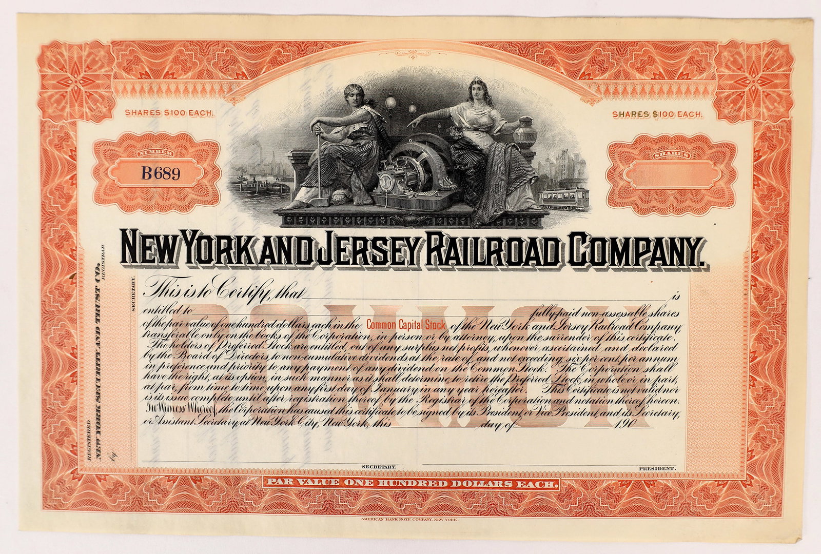 New York & Jersey RR Co. Stock 190X [154033]: New York and Jersey Railroad Co, Stock, No. B689, unissued and unsigned, 190X, u/c, 11x7", 1 cert