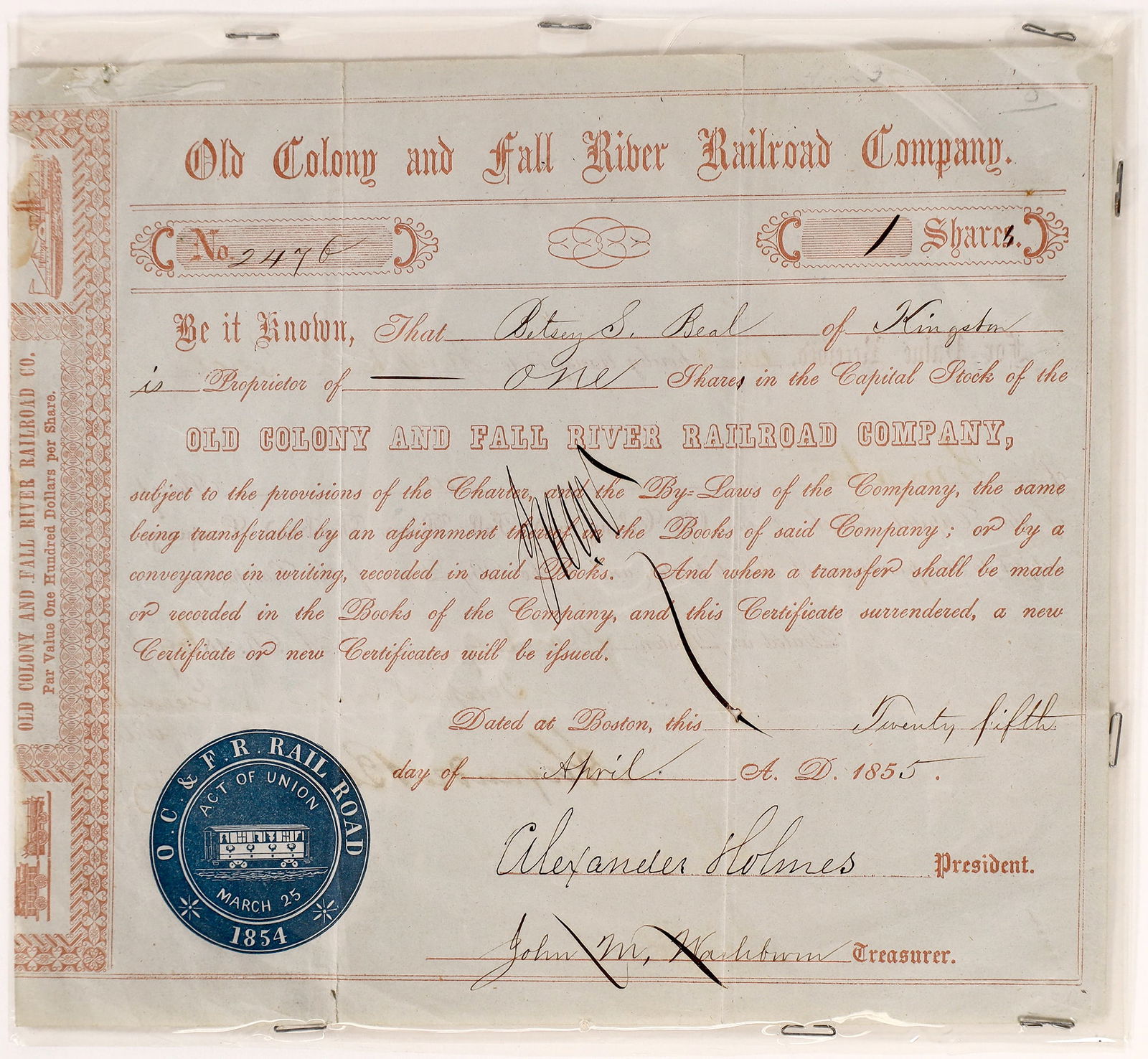 Old Colony & Fall River RR Co. Stock 1855     [154857] (1 of 1)