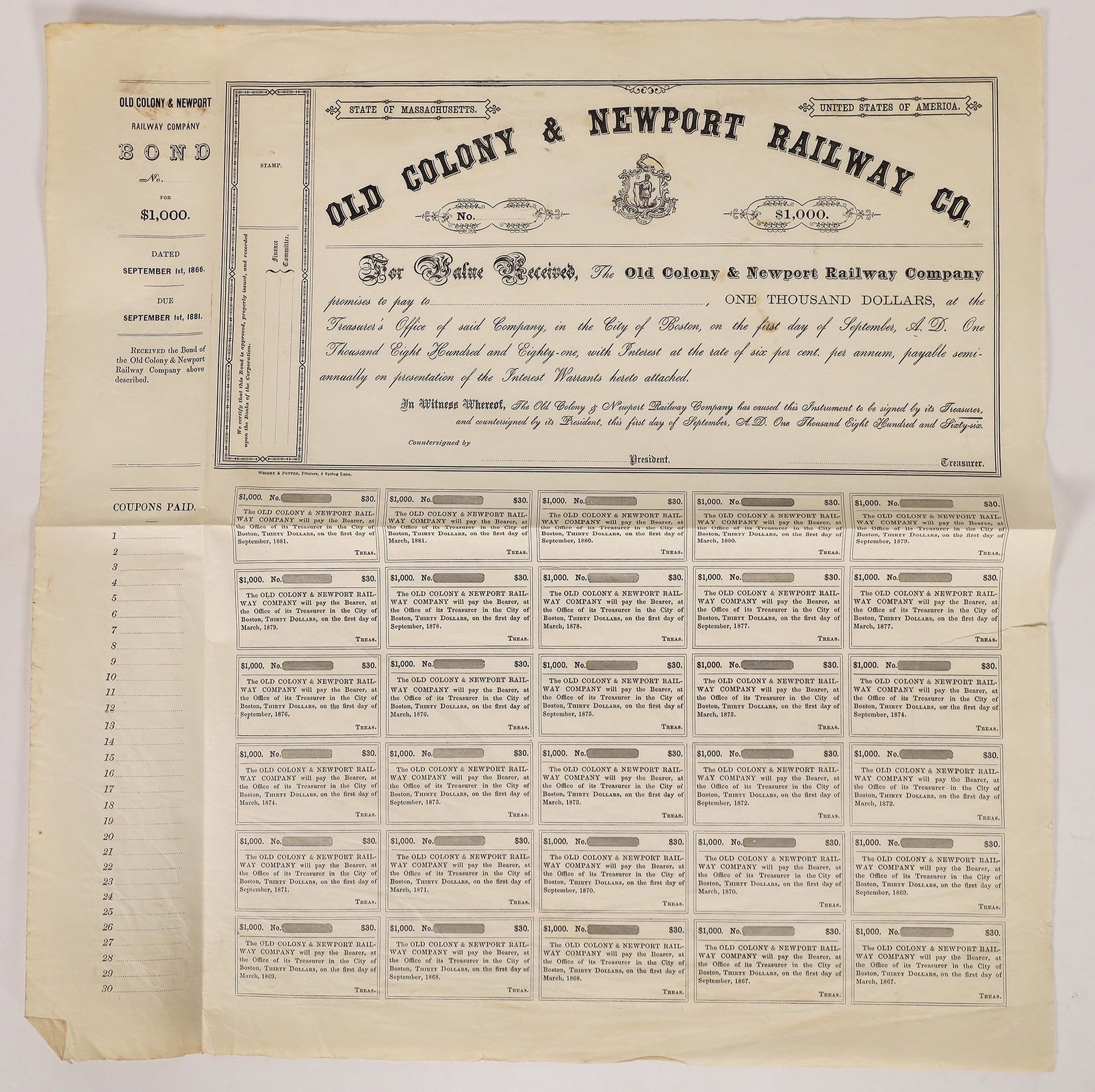 Old Colony & Newport R'y Co. Bond 1866 [154021]: Old Colony & Newport Railway Co, Bond, Incorp Mass, $1000, u/i and unsigned, 1866, 15x15" with all coupons attached, 1 cert
