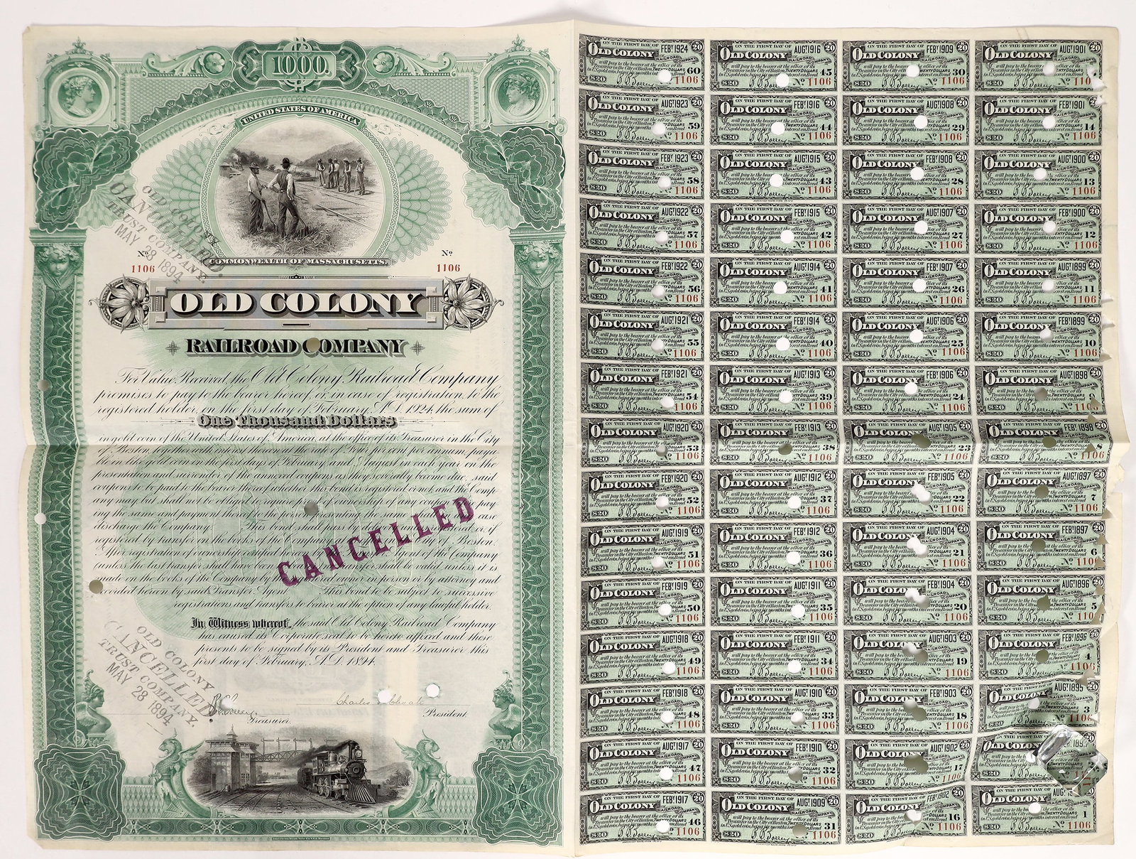 Old Colony RR Co. Bond 1894 [154858]: Old Colony Railroad Co, Bond, Incorp Mass, $1000, paid Gold Coin, #1106, issued 1894, signed by president and treasurer (illegible), 22x15" with all coupons attached, i/c, 1 cert