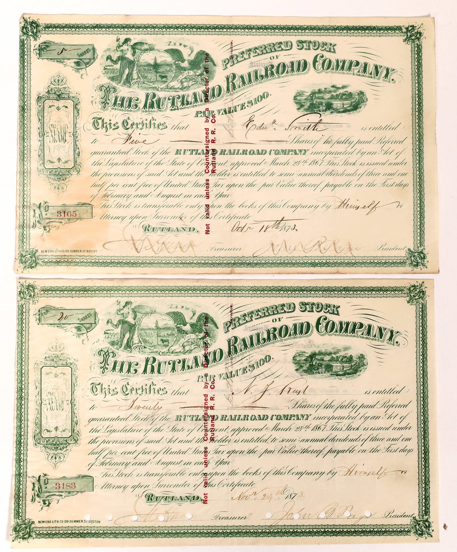 Rutland RR Stocks, 2 [174377]: 2 i/c 1873 Rutland Railroad stocks. Ken Prag Collection