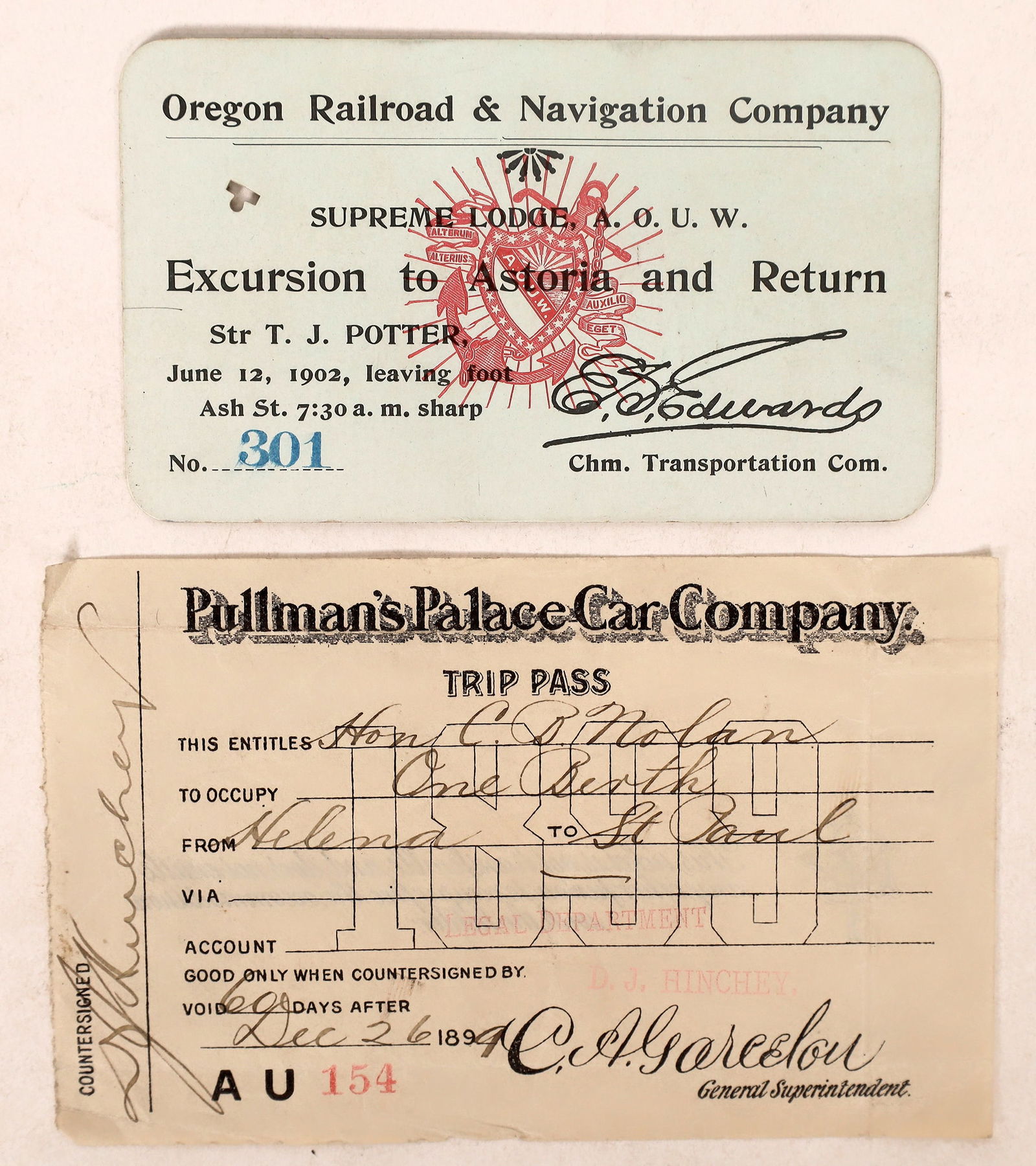 Oregon RR & Pullman's Palace Passes  [174567] (1 of 2)